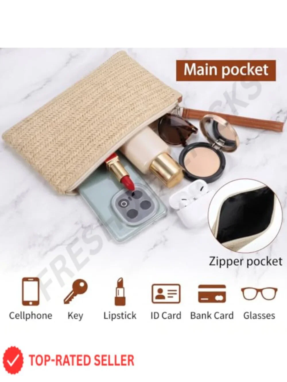 Straw Clutch Purse for Women Wristlet Boho Handbag Zipper